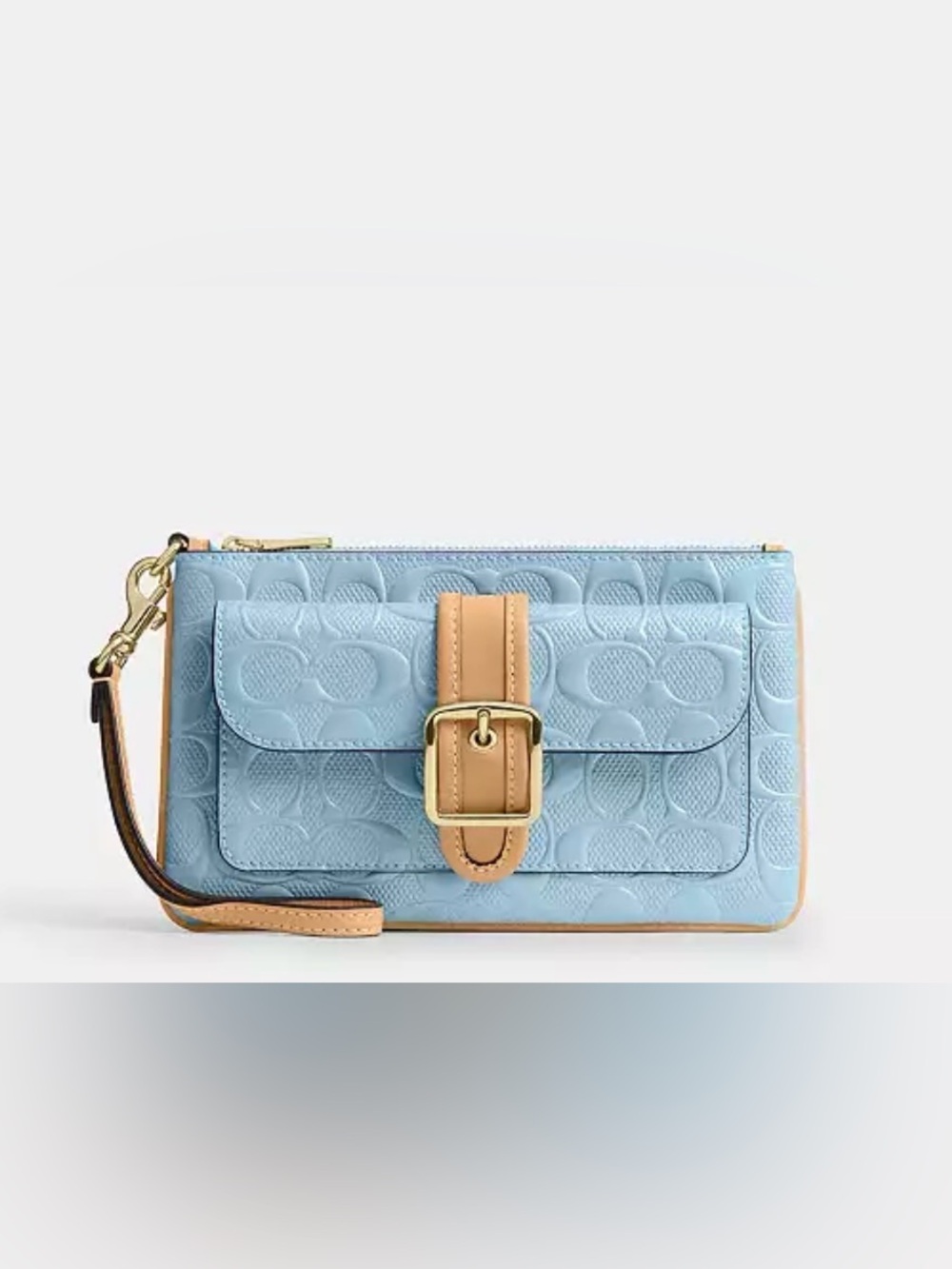 🩵 Coach NWT Light Blue Ashton Leather  Wristlet Wallet /Tan Strap Gold Buckle